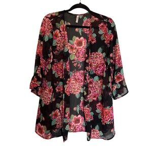 Xhilaration Womens Large Black Pink Floral Sheer Kimono Cardigan Cover Up Wrap